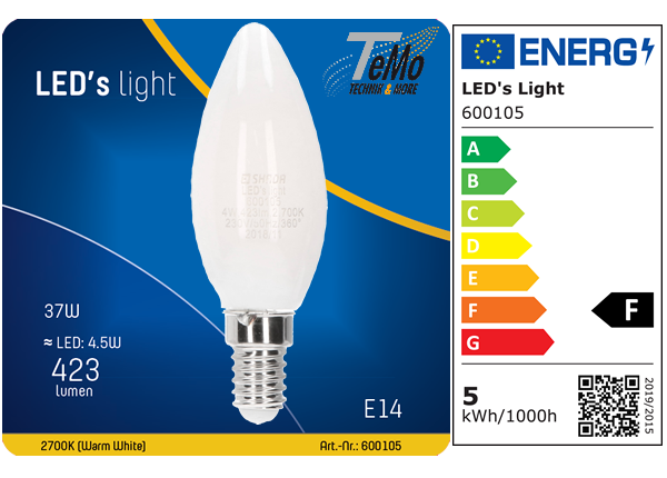 1 STÜCK (VPE) SHADA LED Kerze E14 423lm 4.5W, warmweiss 2700K, C35 Opal, EEC: F (0600105)